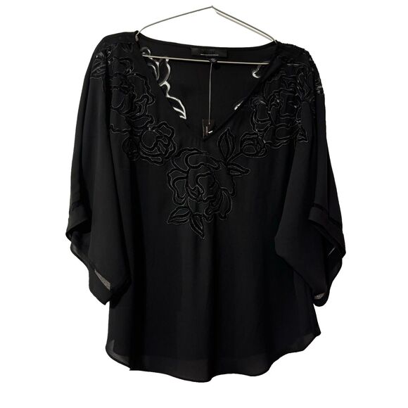 White House Black Market Women's Black Kimono EC Laser Cut Floral Large - Picture 2 of 12